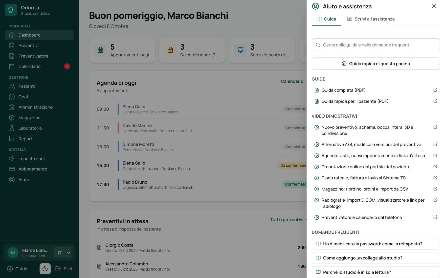 Pannello Aiuto di Odonta con guide, video e domande frequenti