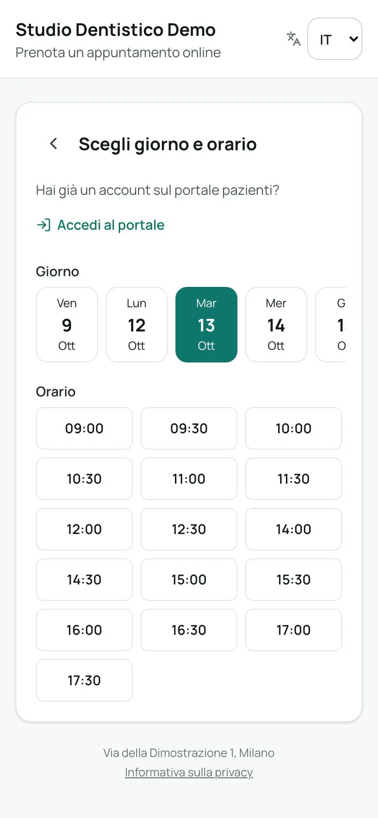 Pagina pubblica di prenotazione sul telefono