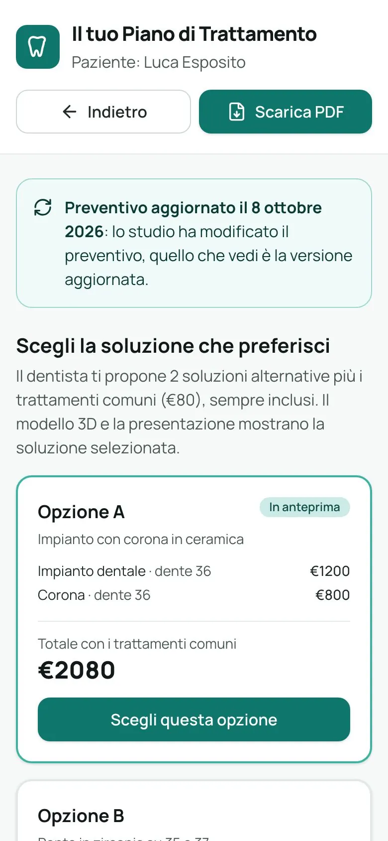 Lo stesso preventivo visto dal paziente sul telefono